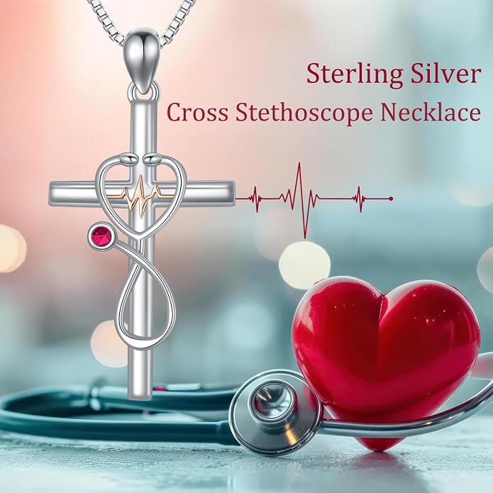 HPQQ Gifts for Nurse Sterling Silver Stethoscope Cross Necklace Nurses Birthstone Jewelry Nursing Themed Medicine Nurses Week Graduation Gifts Doctor Medical Student RN