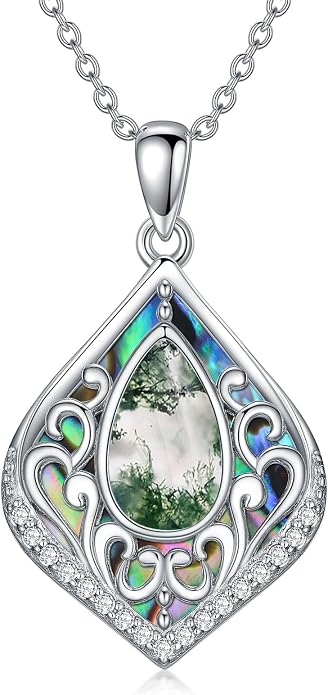 HPQQ Filigree Gemstone Necklace 925 Sterling Silver Teardrop Bohemian Necklace Abalone Shell Jewelry Birthday Gifts for Women