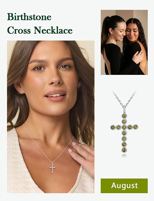Sterling Silver Cross Necklace for Women Birthstone Religious Jewelry