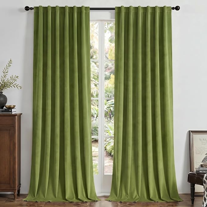 Joydeco 100% Blackout Velvet Curtains Moss Green 108 Inch Back Tab | Luxury Thermal Insulated Velvet Curtains for Bedroom Living Room, Soundproof Blackout Window Drapes