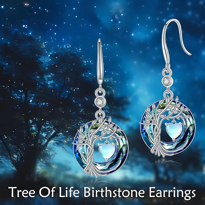 POPLYKE Tree of Life Birthstone Earrings 925 Sterling Silver Dainty Gemstone Birthstone Dangle Drop Earring with Crystal Fine Jewelry Birthday Gifts for Women Her