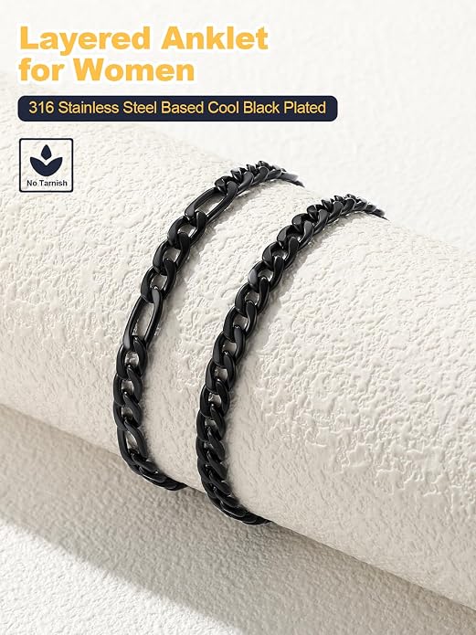 U7 2Pcs/3Pcs Ankle Bracelets for Women, Stainless Steel Cuban Link/Figaro/Rope/Heart Chain Anklets Sets,Waterproof Layered Anklets Adjustable 8.5"-10.5"