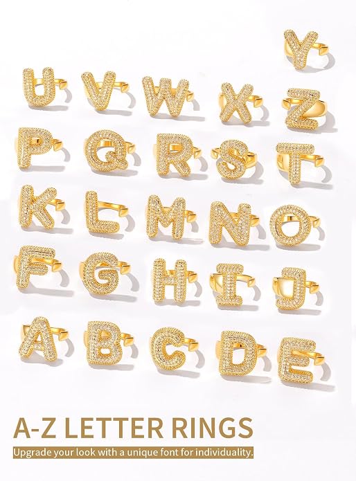 FindChic Initial Ring for Women, Gold Plated Chunky Letter Rings Open Adjustable Trendy Sparkling Cubic Zirconia Personalized Statement Rings Jewelry Gift