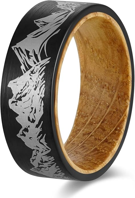 Forest Rings for Men 8 mm Black Plated Wedding Band with Wood Liner Comfort Fit