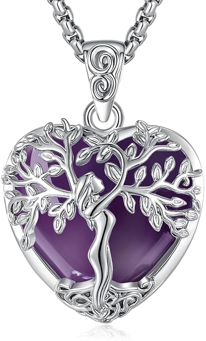 EUDORA Tree of Life Necklace with Moonstone Amethyst Obsidian Turquoise Healing Crystal for Women, Silver Plated Copper Mother Tree of Life Pendant Amulet Energy Jewelry, Gift for Women Mom, 20"+2"