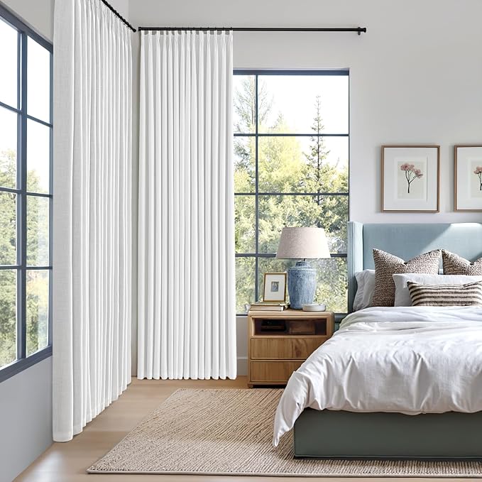 MIULEE White Pinch Pleated 100% Blackout Linen Curtains 90 Inch Length 2 Panels Set, Black Out Memory Trained Pleat Curtains Light Blocking Room Darkening Drapes for Bedroom Living Room Window