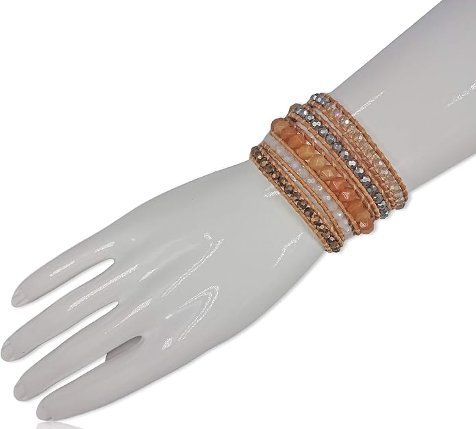 MGR MY GEMS ROCK! 35-Inch Long Multi-Layer Hand Crafted Gemstone and Crystal Multi-Stone Beaded on Genuine Leather Boho Style Stackable Super Wrap Bracelet, up to 5 Wraps.