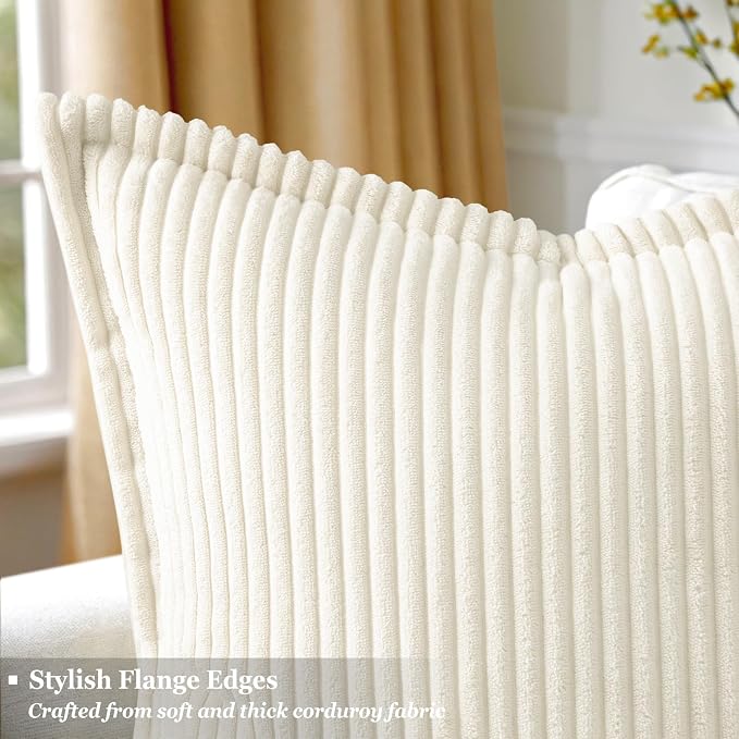 decorUhome Fall Corduroy Pure White Throw Pillow Covers 16x16 Set of 2 | Couch Decorative Soft Modern Boho Farmhouse Pillow Covers Broadside Striped Pillow Cases for Living Room Bed Sofa