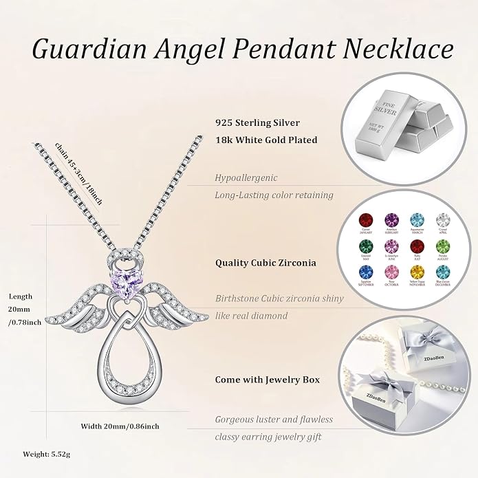 925 Sterling Silver Guardian Angel Pendant Necklace for Women with Birthstone Cubic Zirconia Little Angel Pendant Necklace Jewelry 18 inch Chain