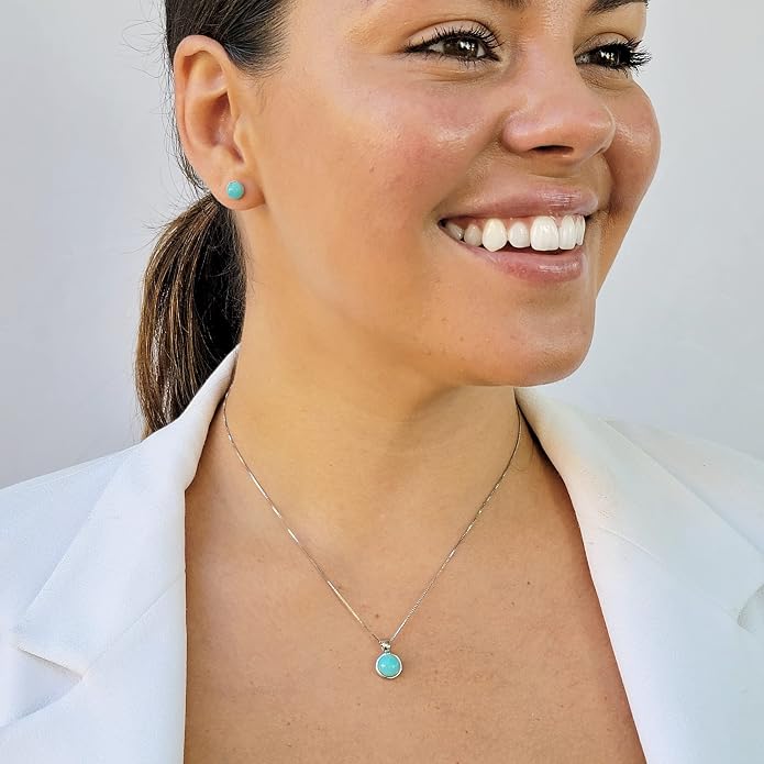 Natural gemstone 8mm round pendant with white gold over 925 sterling silver bezel cabochon plate and box chain, real genuine dainty birthstone gift for her, uniquelan jewelry