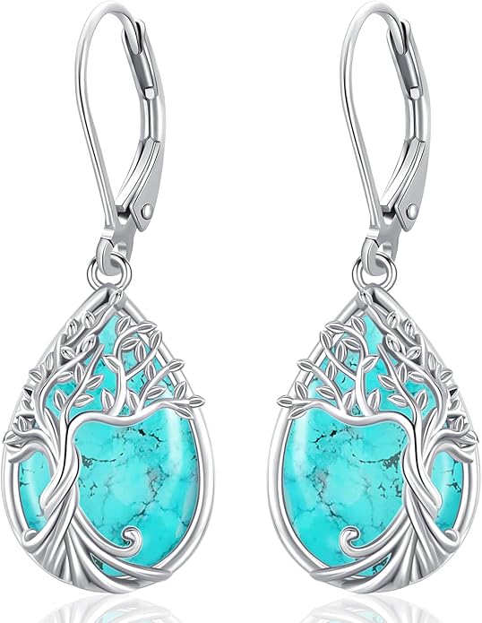 Odinstone 925 Sterling Silver Earrings Tree of Life Teardrop Moonstone Dangle Drop Leverback Earrings for Women