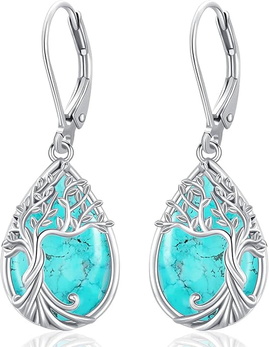 Odinstone 925 Sterling Silver Earrings Tree of Life Teardrop Moonstone Dangle Drop Leverback Earrings for Women