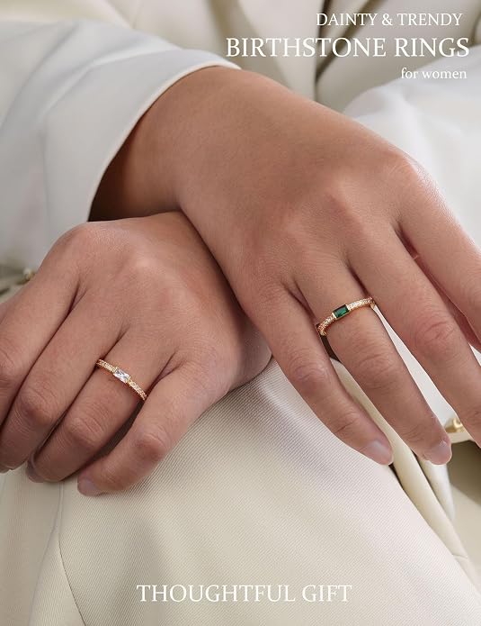 RLMOON Birthstone Gold Rings for Women Non Tarnish 14K Gold Plated Eternity Stackable Rings Dainty CZ Gemstone Engagement Rings Wedding Band Jewelry Gifts Size 4-10
