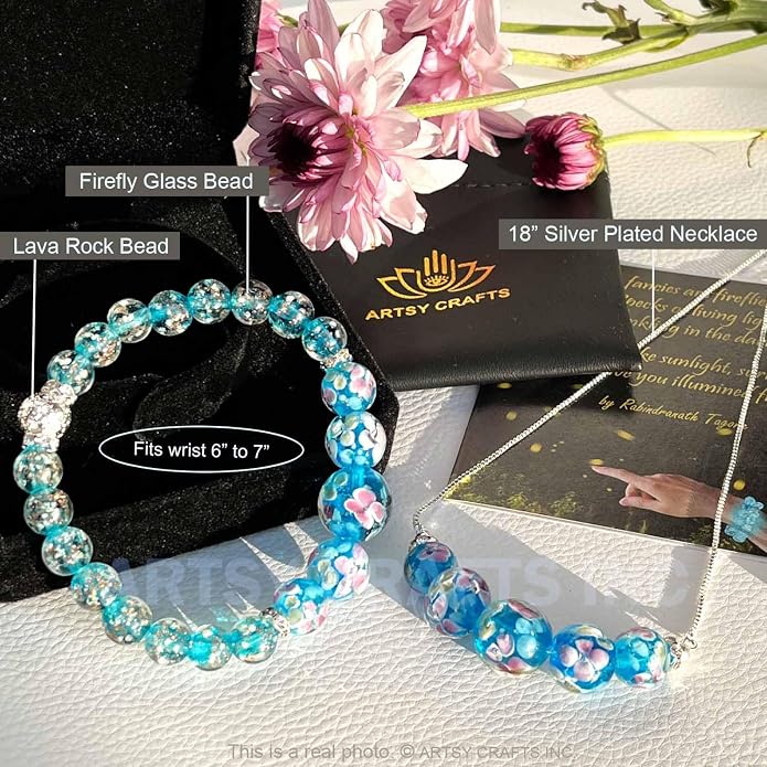 ARTSY Crafts Lily Garden Glow in the Dark Firefly Bead Bracelets Necklaces, Handmade in USA Murano Glass Jewelry, Flower Luminous Beads Mermaid Crystal Bracelet Bangle