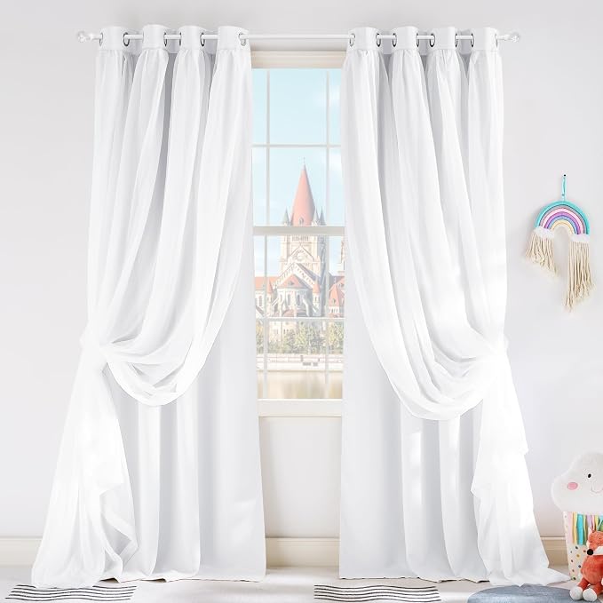 PONY DANCE White Curtains - Double Layer Curtains 84 inches Long with Sheer Overlay Nursery Panels for Bedroom/Living/Dining Room, 52 W by 84 L, Pure White, 2 Pieces