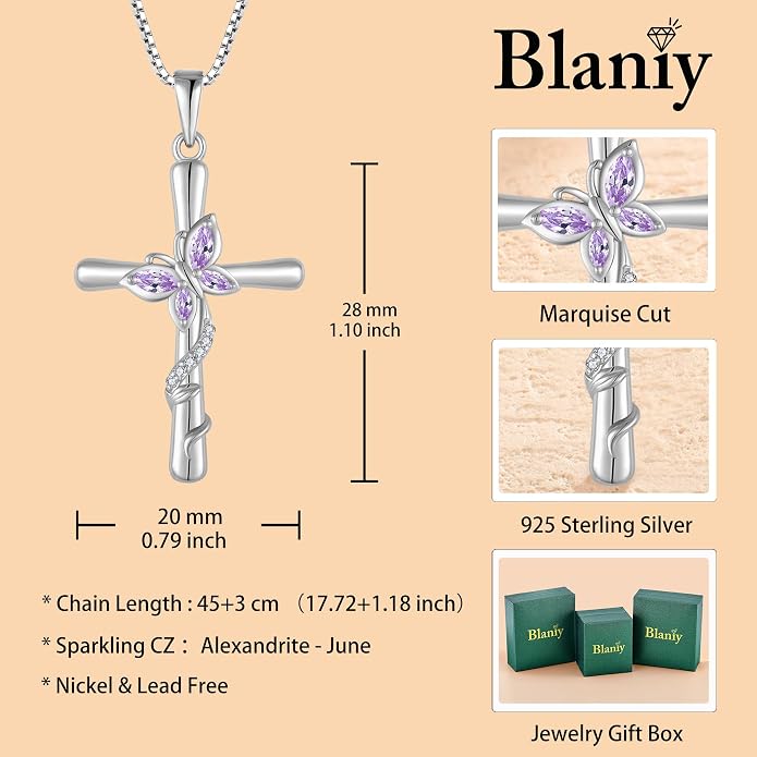 Cross Necklace for Women 925 Sterling Silver Butterfly Necklace Birthstone Pendant Created Gemstone Jewelry Gifts for Women
