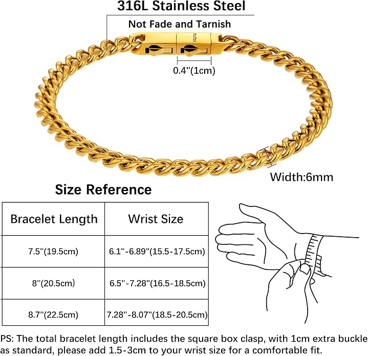 murtoo Mens Cuban Link Chain Bracelet, 6/8/12MM Stainless Steel Bracelets for Men Silver Black Gold, Hip Hop Link Bracelet with Detachable Clasp Gift for Men Him