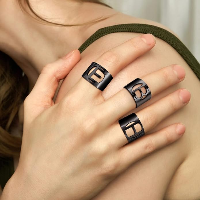 KeyStyle Bold Initial Letter Rings Adjustable, GoldChic Jewelry Women Gold Statement Ring Personalized Engraved Women’s Open Signet Ring for Party (Gold, White Gold, Black)