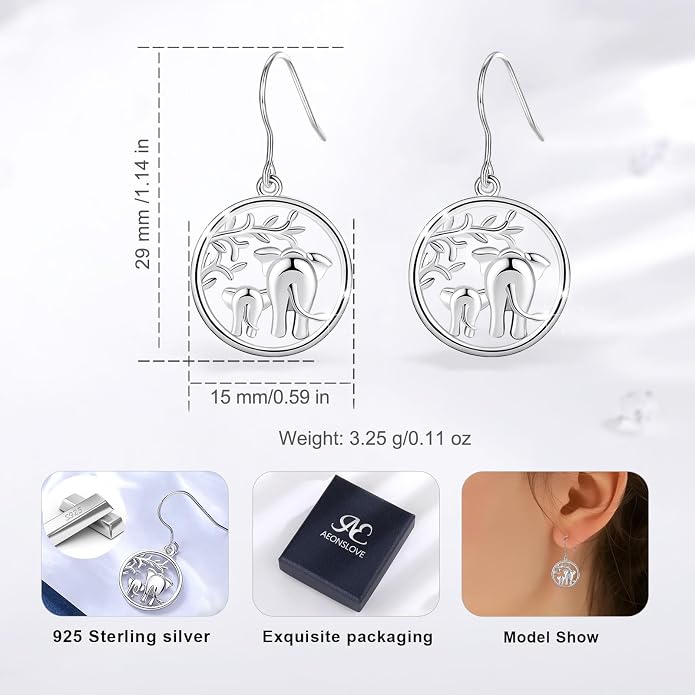AEONSLOVE Elephant Sterling Silver Earrings, Elephant Jewelry for Women, Mother's Day Gift