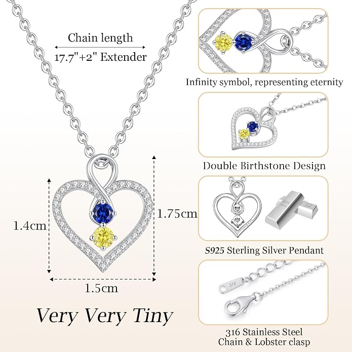 LOUISA SECRET Double Birthstone Necklaces for Women, 925 Sterling Silver Infinity Love Heart Pendant Necklace for Her, Birthday Anniversary Valentine's Day, Christmas, Wedding, Graduation Gift for Her, Personalized Gifts, Jewelry Gifts for Wife Mom Gir...