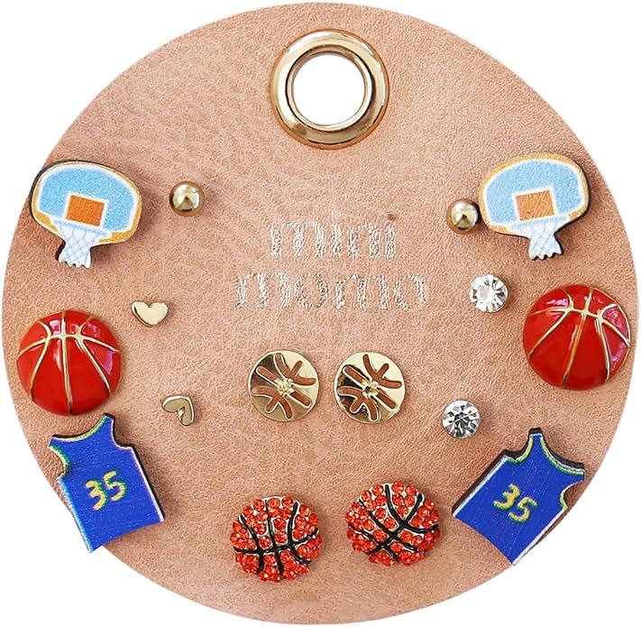 Sports Earring Set for Women Multi Pairs Assorted Multipack - Stud Earrings Jewelry Gift for Sports Mom Football, Baseball, Basketball, Soccer Team