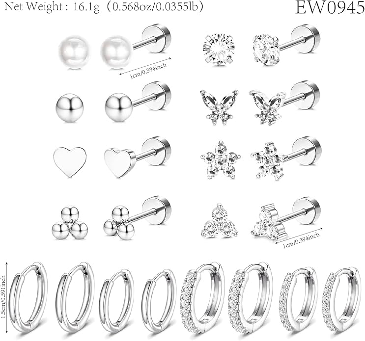 Stainless Steel Stud Earrings Set for Women Hypoallergenic Flat Back Cartilage Earrings Screw Back Huggie Hoop Earrings Multiple Piercing Cubic Zirconia Helix Tragus Jewelry
