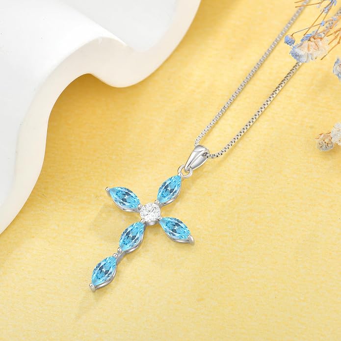 JO WISDOM Cross Necklace for Women,925 Sterling Silver Birthstone Necklaces Cubic Zirconia Cross Pendant Necklace Dainty Jewelry Gifts