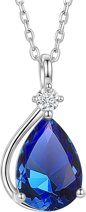ADITA GOLD Birthstone Necklace for Women, 925 Sterling Silver Teardrop Pendant, Simulated Gemstone, Birthstone Jewelry
