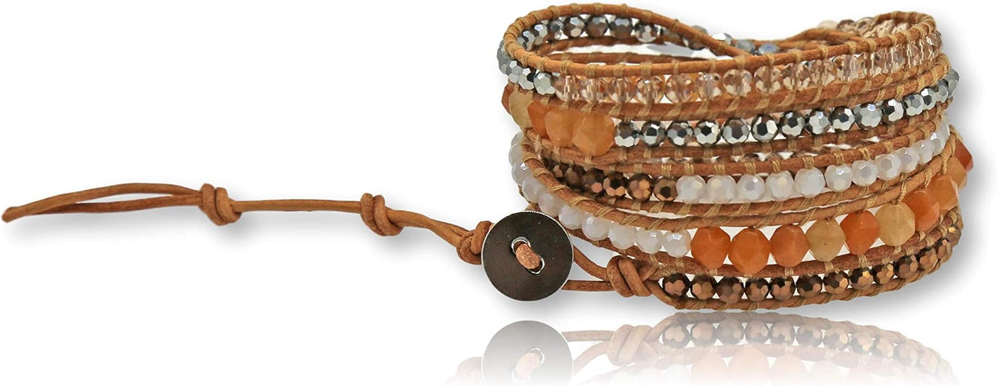 MGR MY GEMS ROCK! 35-Inch Long Multi-Layer Hand Crafted Gemstone and Crystal Multi-Stone Beaded on Genuine Leather Boho Style Stackable Super Wrap Bracelet, up to 5 Wraps.