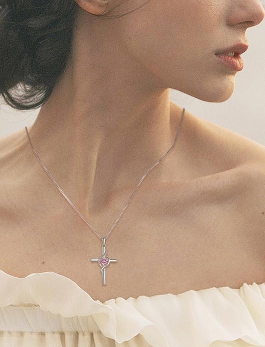 Cross Necklace 925 Sterling Silver Infinity Pendant Heart Birthstone Anniversary Jewelry for Women