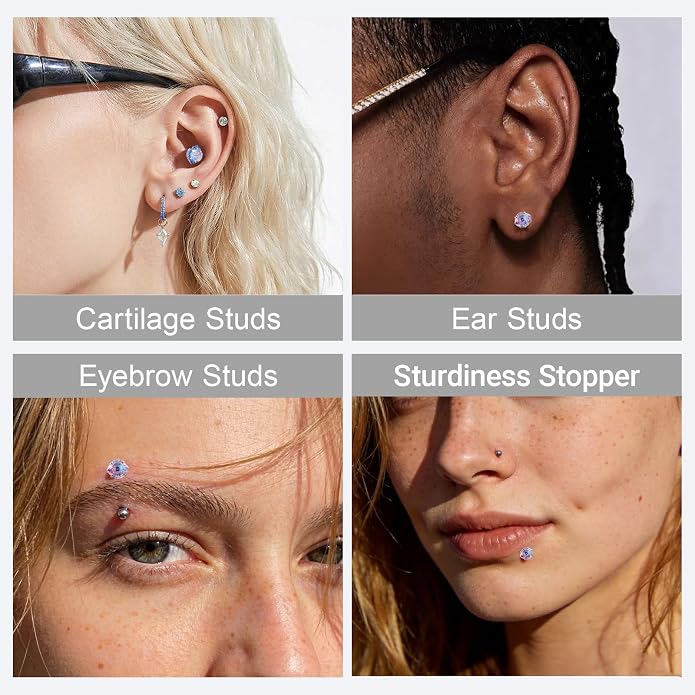Flat Back Titanium Stud Earrings, Hypoallergenic G23 Titanium Eye Cut Cubic Zirconia Piercing,Eyebrow Versatile Labret Lip Cartilage Helix Sleeper 18G Punk style Jewelry for Women Men