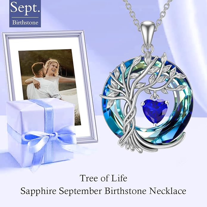 TOUPOP Tree of Life Birthstone Necklaces 925 Sterling Silver Irish Celtic Tree Pendant with Blue Crystal Birthday Jewelry Gifts for Women Mom Wife Her