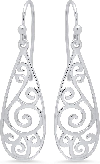 MAX + STONE 925 Filigree Sterling Silver Teardrop Dangle Anti-tarnishing Statement Earrings for Women