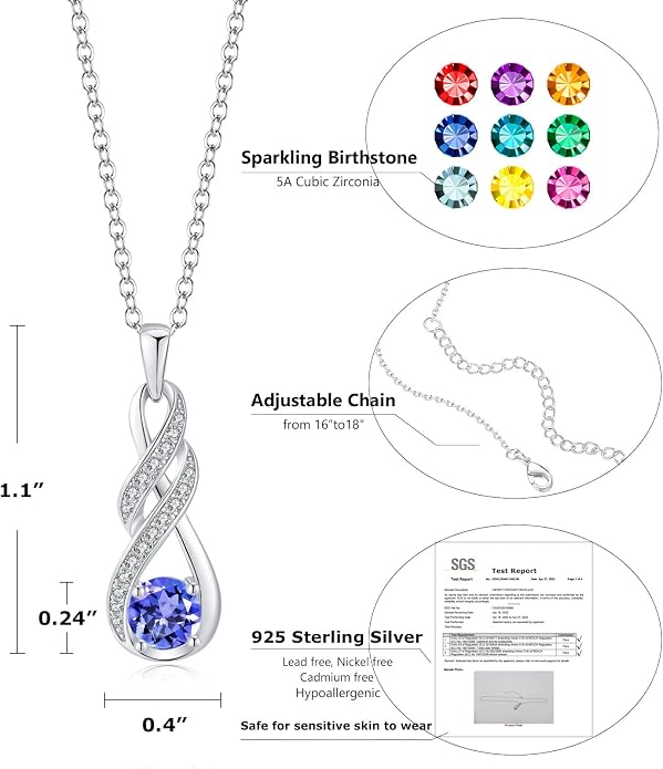 Birthstone Necklaces for Women 925 Sterling Silver Infinity Pendant Created Gemstone Jewelry for Her, 16"+2"