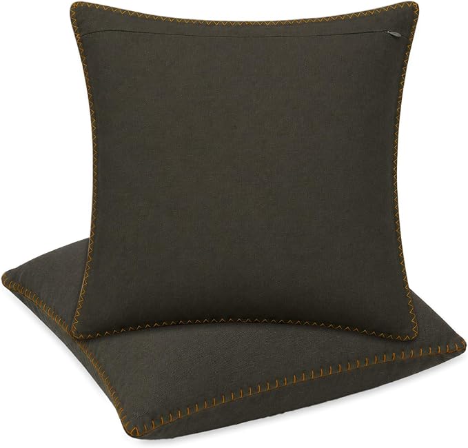 LFH Home Military Green Cotton Rich Throw Pillow Covers 18x18 Set of 2, Decorative Cushion Covers with Blanket Stitch Edge, Farmhouse Accent Pillow Cases for Sofa Couch Bed Living Room, 18 x 18 Inch