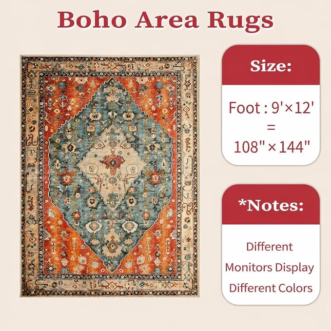 SERISSA Washable Rugs 9x12 Area Rugs, Large Non-Slip Boho Living Room Rug, Ultra Soft Vintage Print Distressed Oriental Tribal Farmhouse Carpet for Dining Room Bedroom Dorm Office Home Decor