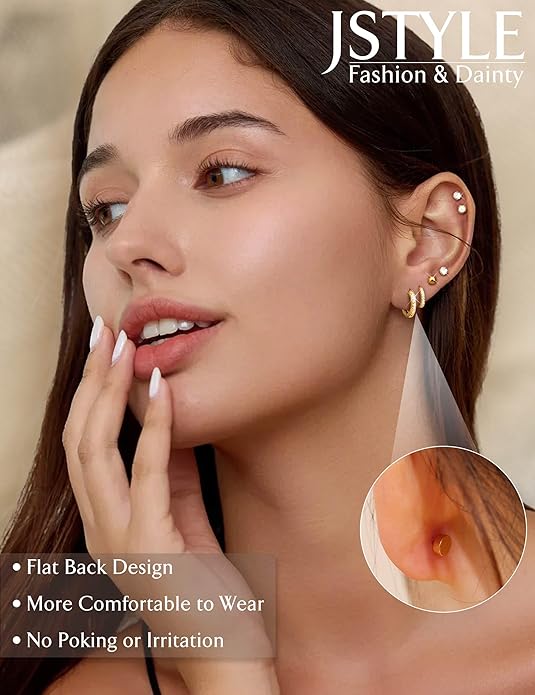 Jstyle Hypoallergenic Stud Hoop Earrings for Women Small Flat Back Surgical Stainless Steel Earrings for Sensitive Ears Trendy Silver Hoops Cartilage Earring Stacks Set Multiple Piercing Jewelry Gifts