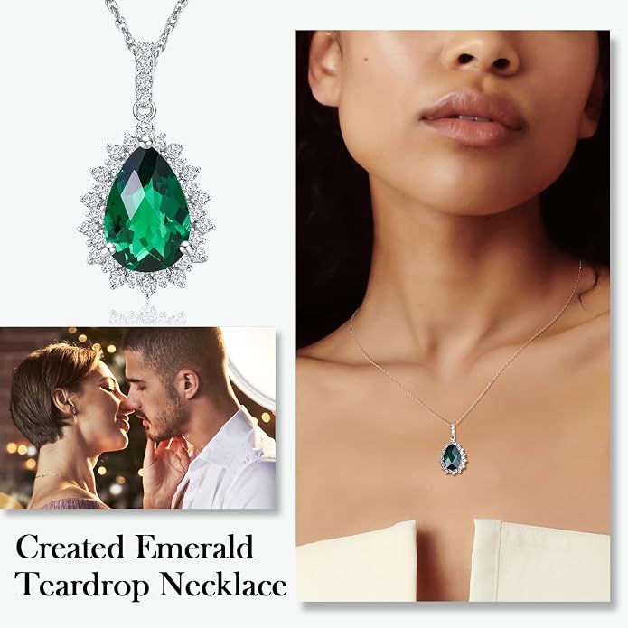 925 Sterling Silver Teardrop Necklace for Women Huge Created Gemstone Solitaire Halo Pendant Pear Cut Birthstone Necklace