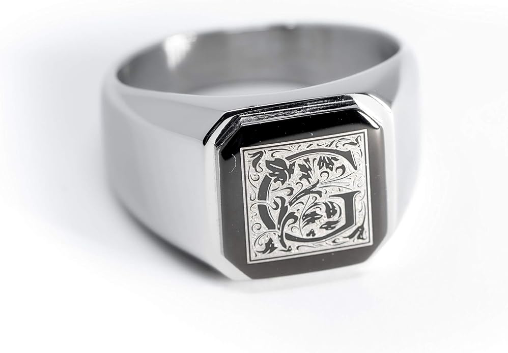 Jewelry | Stainless Steel Letter Alphabet Initial Ring | Square Flat Top Ring for Men & Women | Stainless Steel Jewelry, (Black, Gold, Silver), Size 7-16