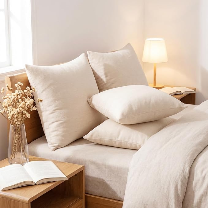 Set of 4 Khaki Throw Pillow Covers 18x18 Inch, Neutral Boho Farmhouse Aesthetic Decorative Pillow Cases for Couch, Sofa, Living Room & Bed, Soft Chenille Pillow Cases, Stylish Home Decor, 45x45 cm