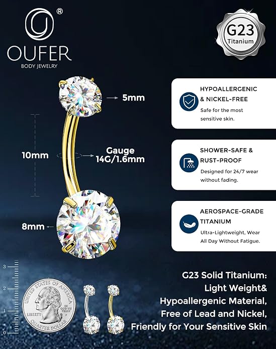 OUFER 14G G23 Titanium Moissanite Internally Threaded Belly Button Ring with Care Kit for Healing,D Color VVS1 Brilliant Cut Stones, Silver/18K Gold Plated Hypoallergenic Navel Piercing Jewelry for Women Men