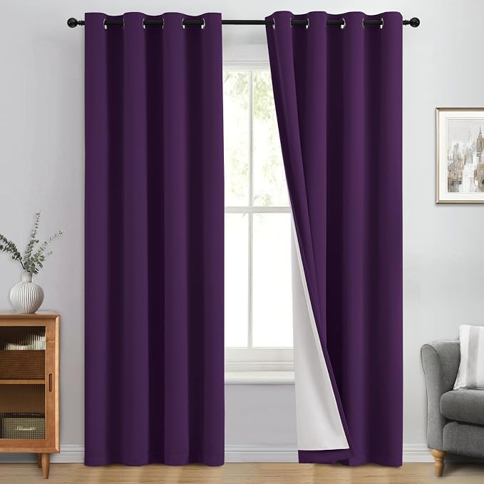 Yakamok Purple 100% Blackout Curtains 63 Inches Long for Bedroom 50" Wide | Blackout Curtain Panels for Bedroom, 2 Thick Layers Grommet Top Thermal Insulated Drapes with White Back for Living Room