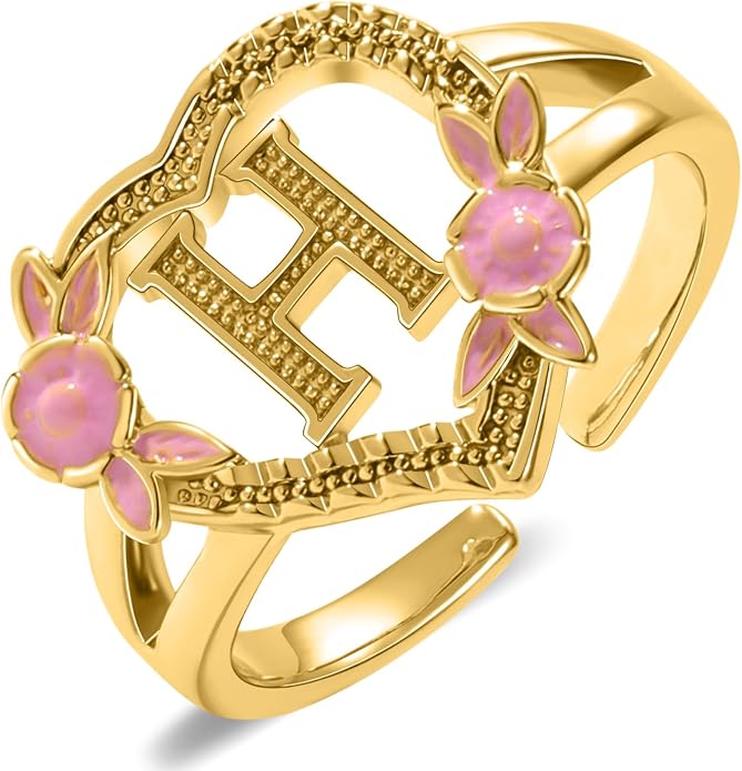 Gold Initial Rings for Women - Non Tarnish Dainty 14K Gold Plated Heart Adjustable Letter Rings for Women, Stackable Cute Thumb Pinky Fashion Open Simple Birthday Gifts Jewelry