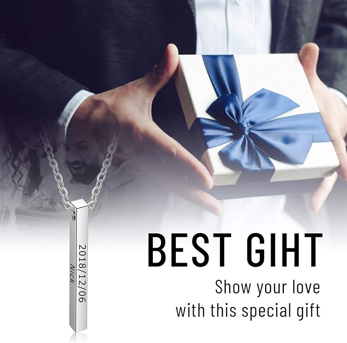 LanM Gifts for Dad Father's Day Gifts Personalized Mens Necklace Custom Name Necklaces for Men Bar Necklace for Women Engraved Initial Name Vertical Bar Necklace for Father