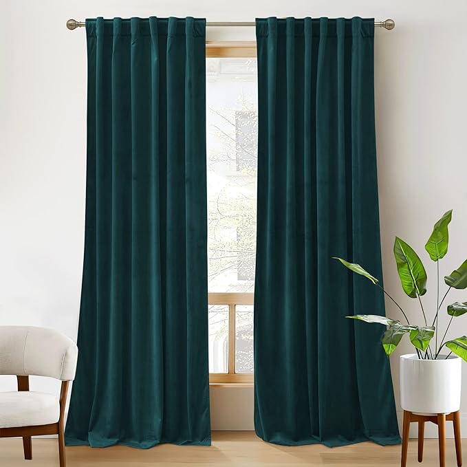 RYB Home Velvet Curtains 108 inches 2 Panels Set - Super Soft Durable Window Drapes Room Darkening Energy Smart Back Tap for Apartment Villa Room Backdrops, Peacock Blue, W52 x L108 inches, 2 Panels