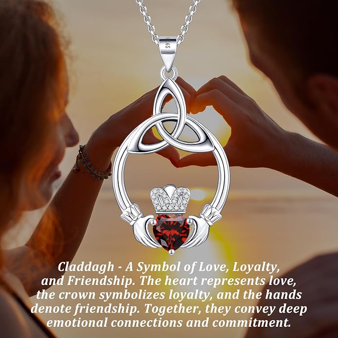 Gift Birthstone Necklaces for Women 925 Sterling Silver Irish Claddagh Necklace for Women Heart Birthstone Pendant Necklace Anniversary Birthday Gifts for Wife Lady Cable Chain 18"+2"