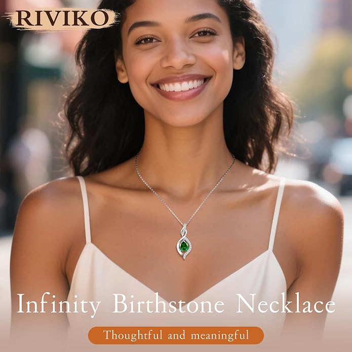 RIVIKO Valentines Day Gifts for Her-Infinity Birthstone Necklace for Women,925 Sterling Silver Teardrop Necklace, Womens Jewelry Birthday Gifts for Women Friend Her Mom Wife Lady