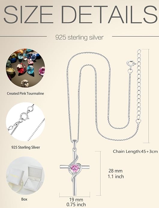 Cross Necklace 925 Sterling Silver Infinity Pendant Heart Birthstone Anniversary Jewelry for Women