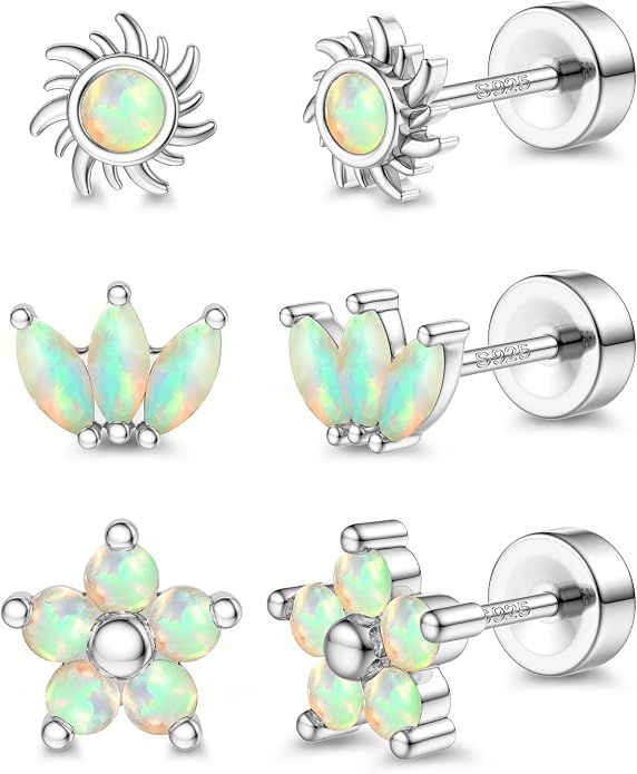 ORAZIO 925 Sterling Silver Flat Back Stud Earrings for Women Hypoallergenic 14K Gold Plated Cartilage Earrings for Sensitive Ears Small CZ Opal Conch Helix Tragus Piercing Jewelry 3 Pairs 20G