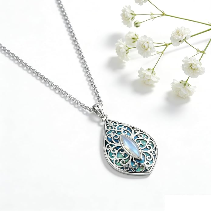 Filigree Moonstone Necklace 18K White Gold Plated Moonstone Pendant Necklace Filigree Jewelry Gifts for Women